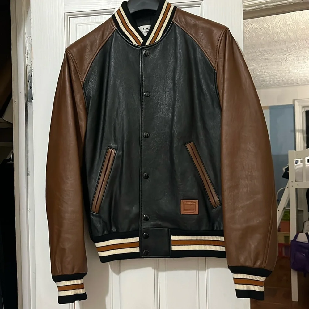 COACH◇LEATHER VARSITY JACKET/スタジャン/L/レザー/ブラック 